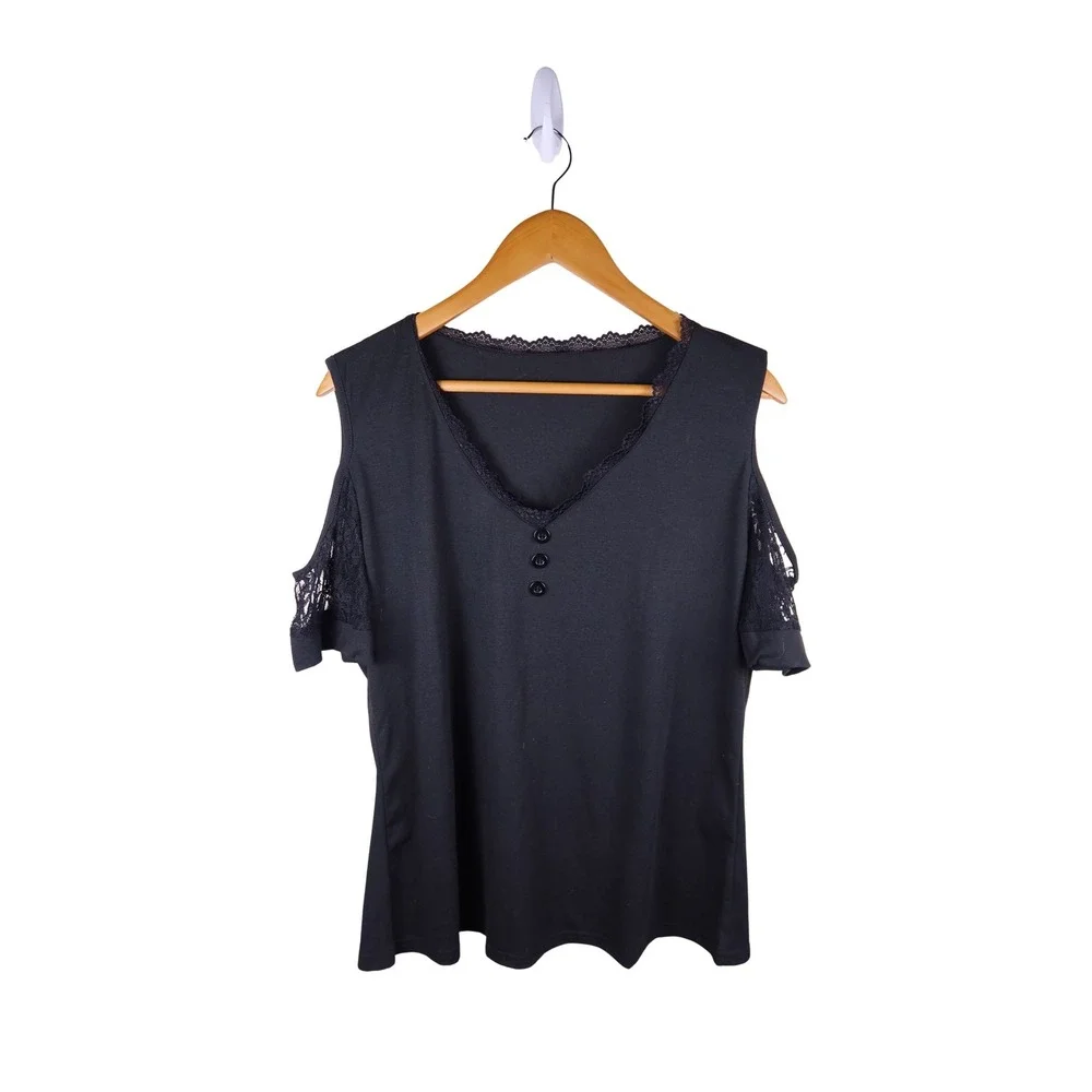 Black Cold Shoulder Lace Trim V-Neck Button Front Blouse Top Women Excellent